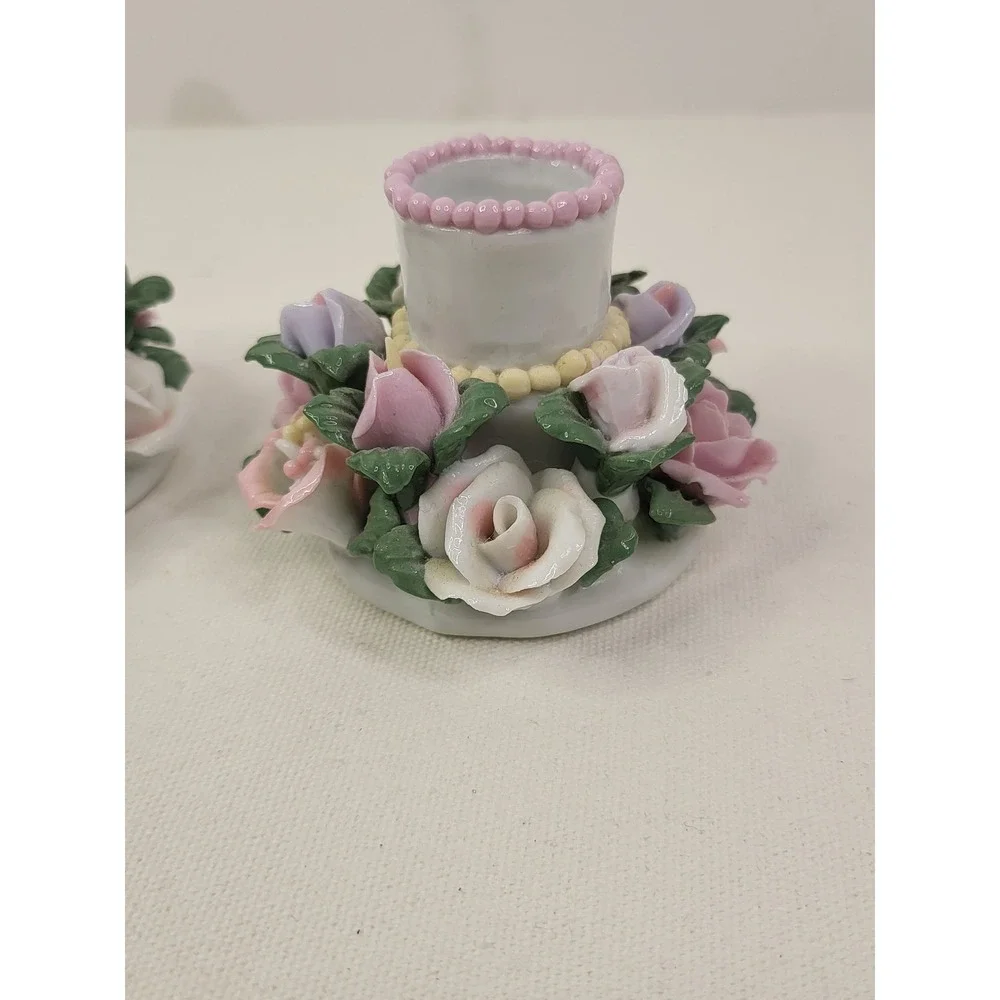 Vintage Porcelain Rose Floral Candle Holder Set Pastel Pink Lavender 2pc